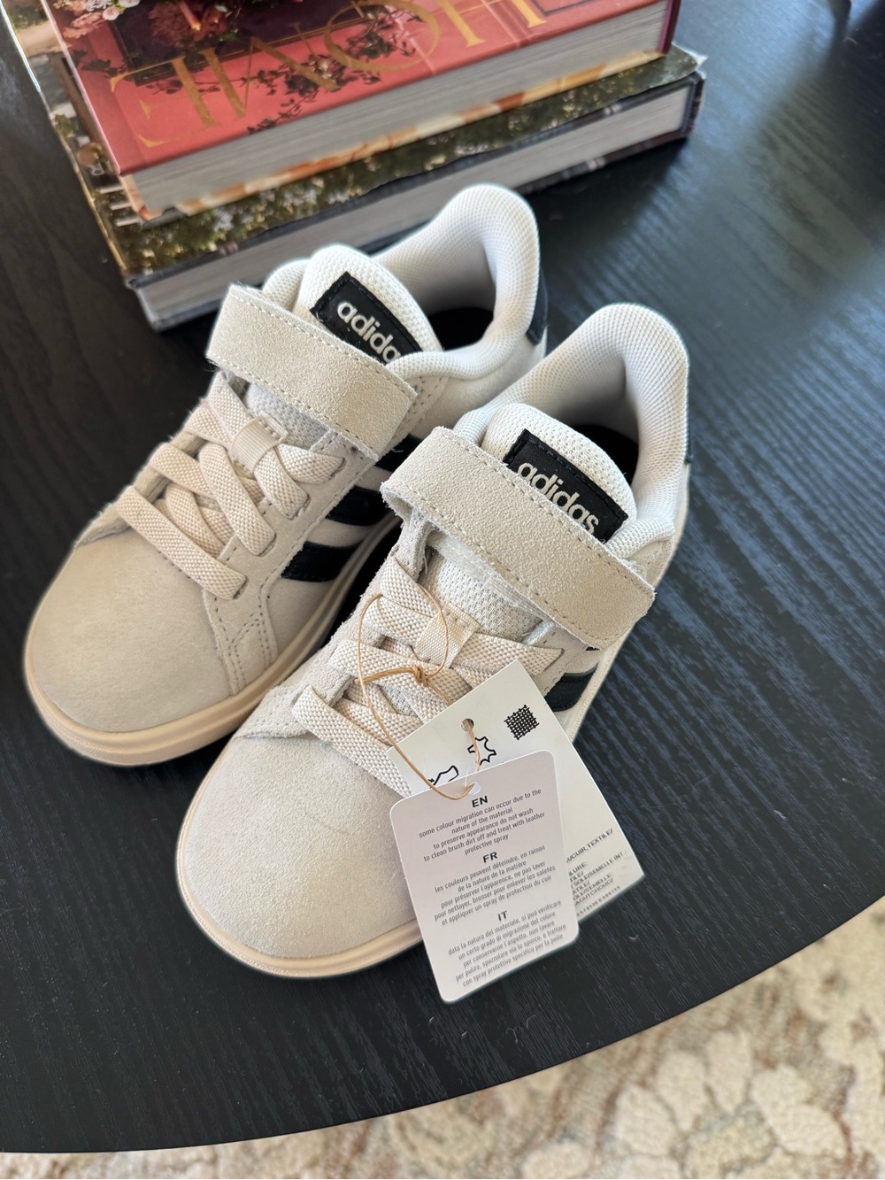 adidas Kids Cream Sneakers with Black Stripes Velcro
